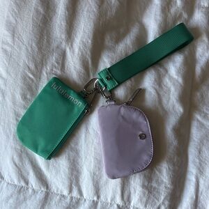 lululemon teal green card pouch with lavender coin charm